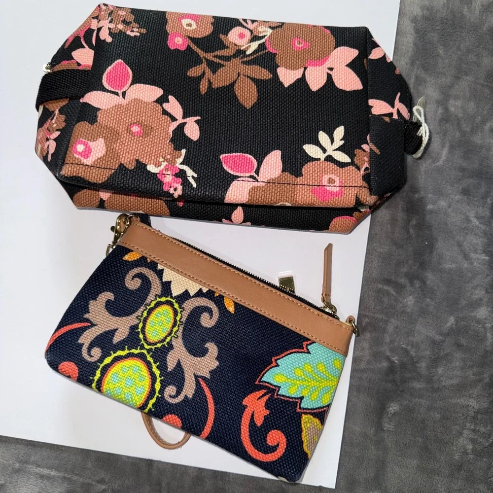 Spartina 449 Cosmetic Case Wristlet‎ 2 Pc Bundle Multi Floral Linen Leather